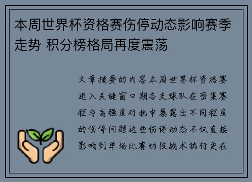 本周世界杯资格赛伤停动态影响赛季走势 积分榜格局再度震荡